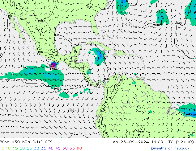 wiatr 950 hPa GFS pon. 23.09.2024 12 UTC