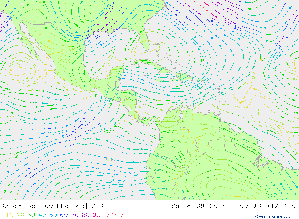 Streamlines 200 hPa GFS Sa 28.09.2024 12 UTC