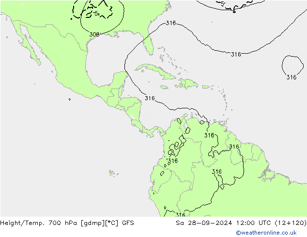 Height/Temp. 700 hPa GFS sab 28.09.2024 12 UTC