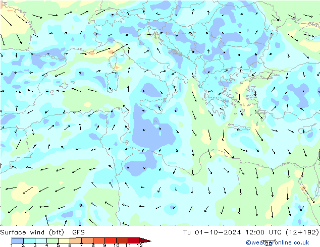 Wind 10 m (bft) GFS di 01.10.2024 12 UTC