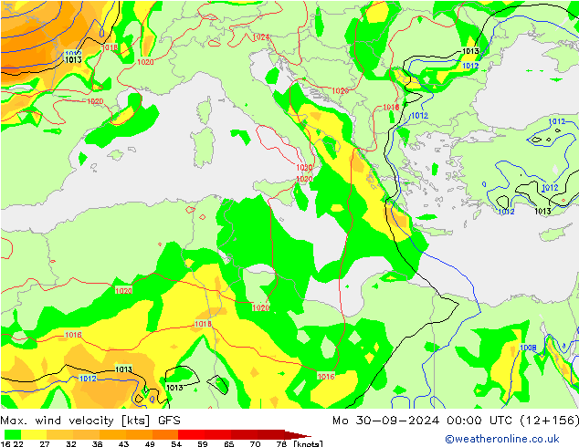 Max. wind snelheid GFS ma 30.09.2024 00 UTC