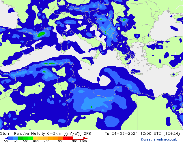 Storm Relative Helicity GFS Sa 24.09.2024 12 UTC