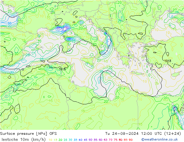 Isotachs (kph) GFS вт 24.09.2024 12 UTC