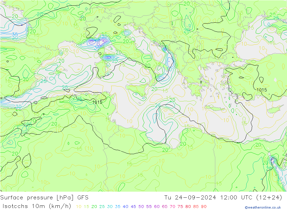 Isotachs (kph) GFS Tu 24.09.2024 12 UTC