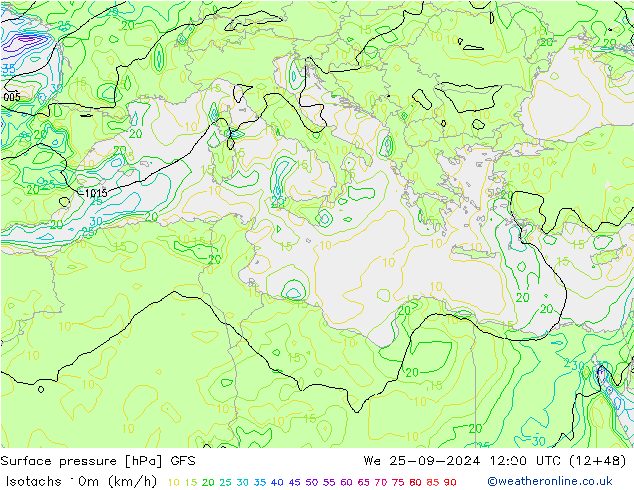 Isotachs (kph) GFS mer 25.09.2024 12 UTC