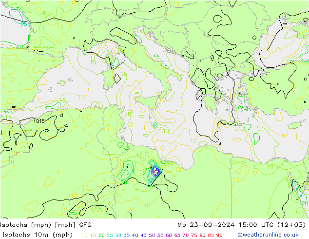 Isotachs (mph) GFS Mo 23.09.2024 15 UTC