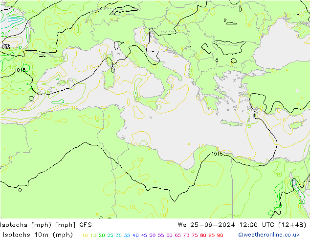 Isotachs (mph) GFS mer 25.09.2024 12 UTC