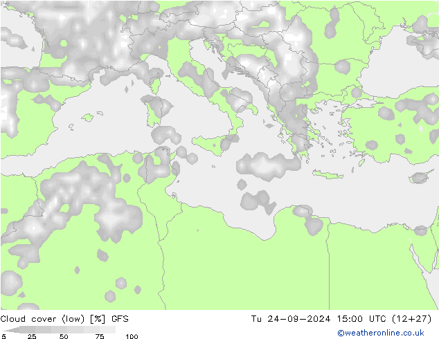 Cloud cover (low) GFS Tu 24.09.2024 15 UTC