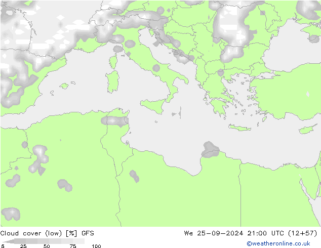 Cloud cover (low) GFS We 25.09.2024 21 UTC