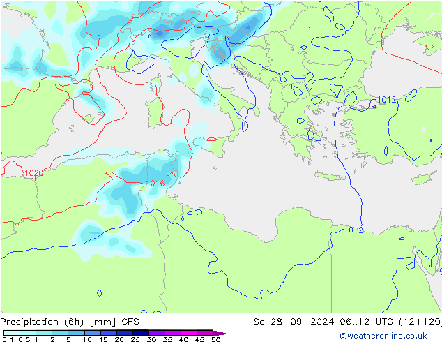 Precipitation (6h) GFS Sa 28.09.2024 12 UTC