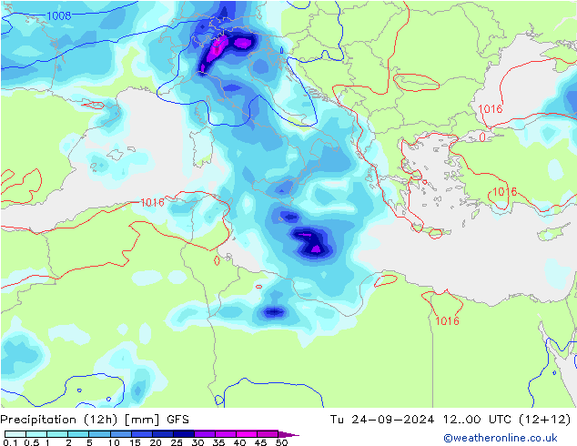 Precipitation (12h) GFS Út 24.09.2024 00 UTC