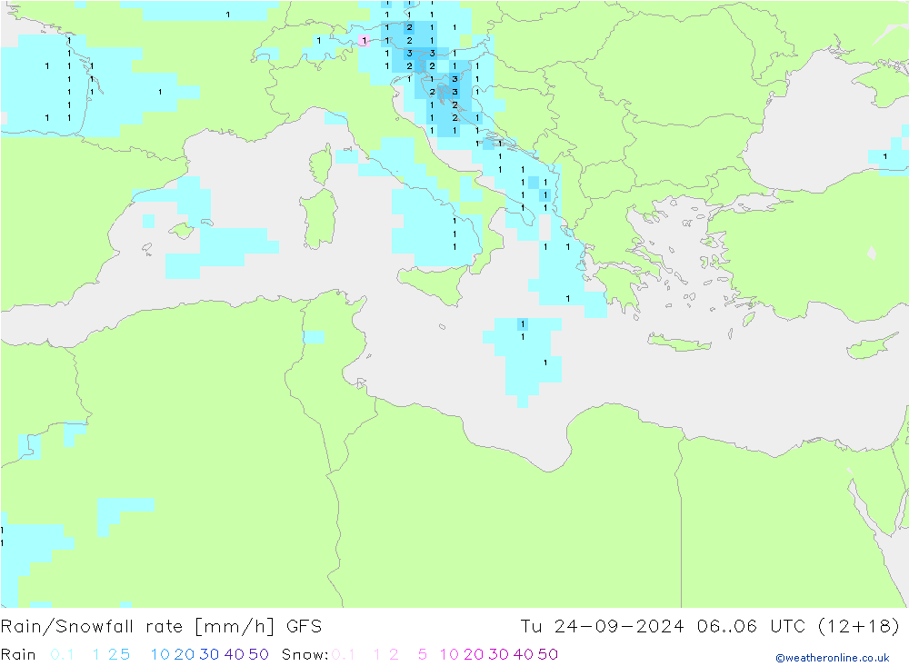 Rain/Snowfall rate GFS wto. 24.09.2024 06 UTC