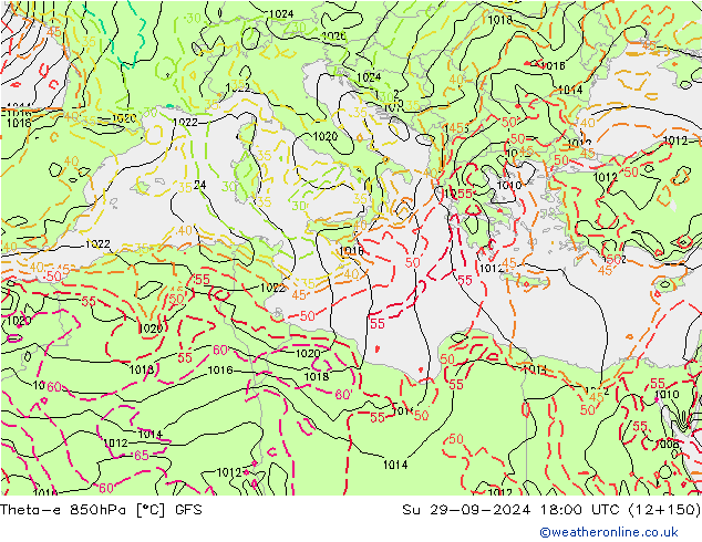 Theta-e 850hPa GFS dim 29.09.2024 18 UTC