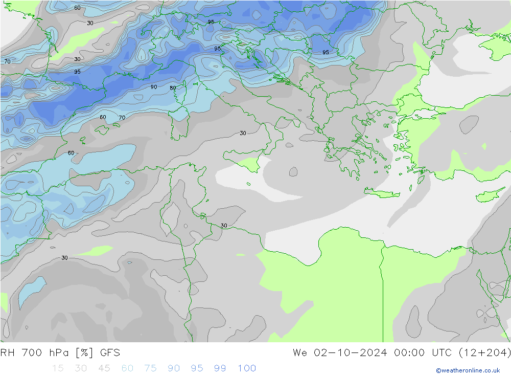 RH 700 hPa GFS śro. 02.10.2024 00 UTC