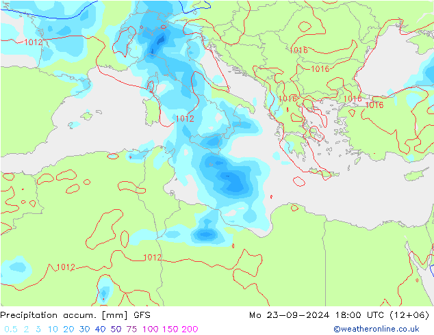 Precipitation accum. GFS lun 23.09.2024 18 UTC