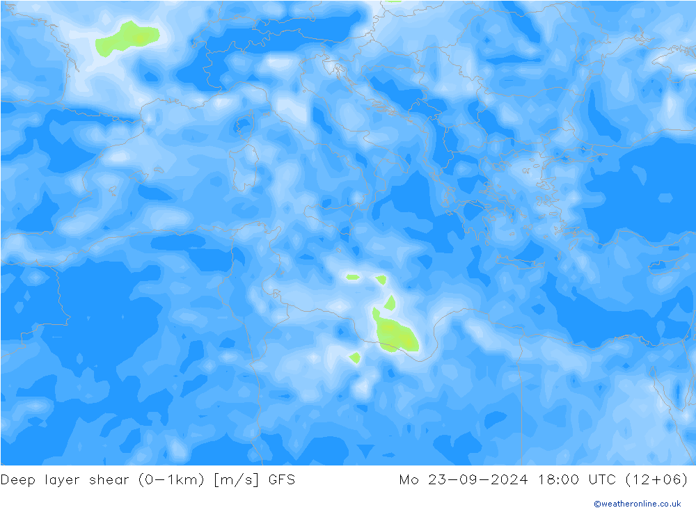 Deep layer shear (0-1km) GFS пн 23.09.2024 18 UTC