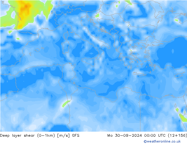 Deep layer shear (0-1km) GFS lun 30.09.2024 00 UTC