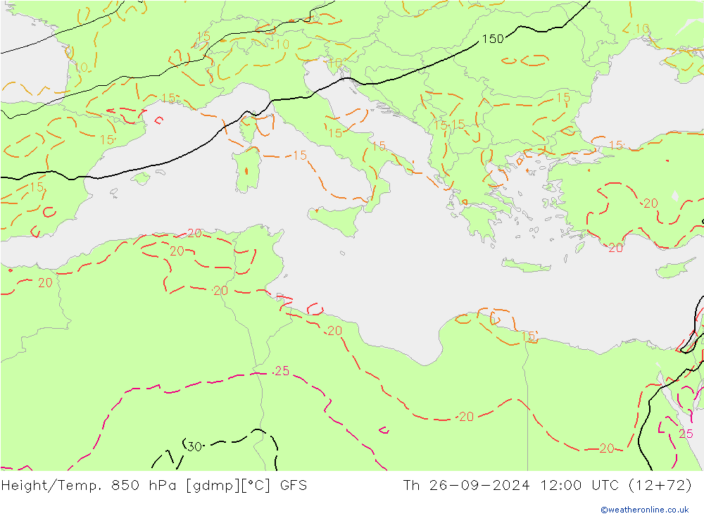 Geop./Temp. 850 hPa GFS jue 26.09.2024 12 UTC