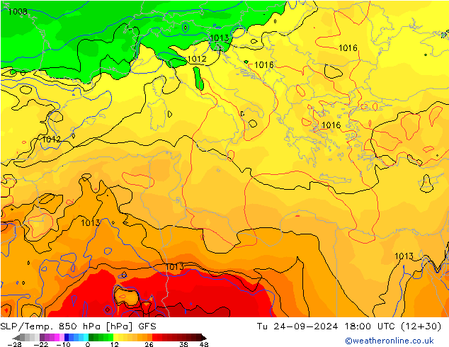 SLP/Temp. 850 hPa GFS Tu 24.09.2024 18 UTC