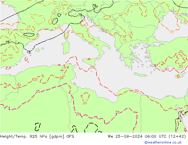 Height/Temp. 925 hPa GFS We 25.09.2024 06 UTC