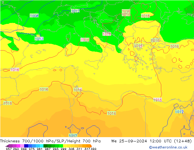 Thck 700-1000 hPa GFS śro. 25.09.2024 12 UTC