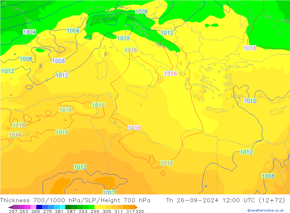 Thck 700-1000 hPa GFS Th 26.09.2024 12 UTC