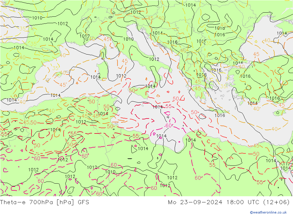 Theta-e 700hPa GFS ma 23.09.2024 18 UTC