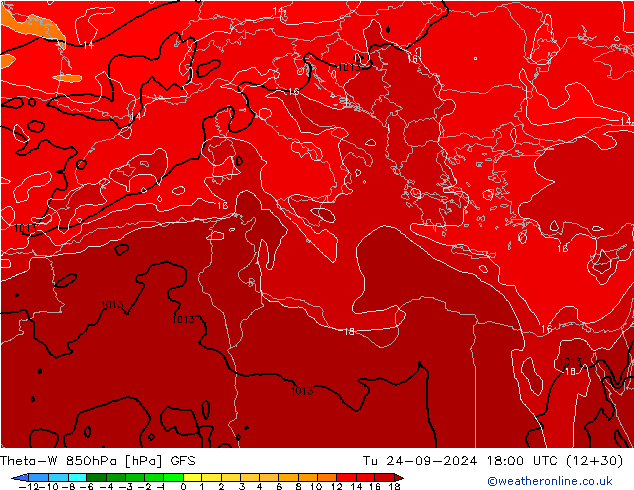 Theta-W 850hPa GFS Tu 24.09.2024 18 UTC