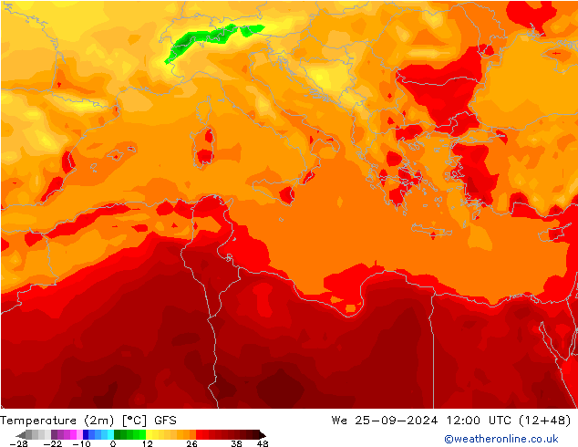 Temperatura (2m) GFS mié 25.09.2024 12 UTC