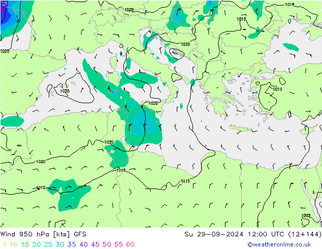 Viento 950 hPa GFS dom 29.09.2024 12 UTC