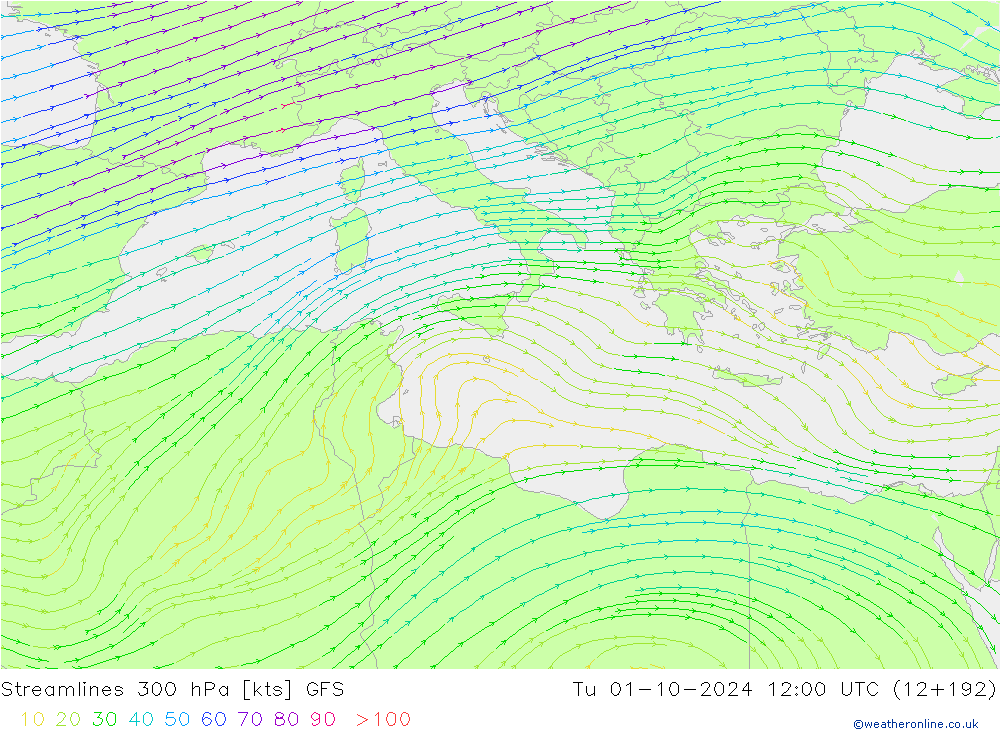 Linia prądu 300 hPa GFS wto. 01.10.2024 12 UTC