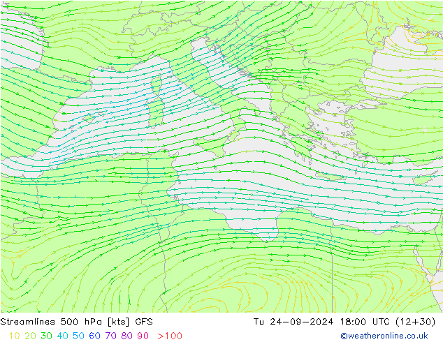 Stromlinien 500 hPa GFS Di 24.09.2024 18 UTC