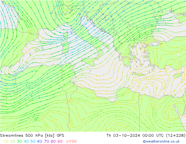 Streamlines 500 hPa GFS Čt 03.10.2024 00 UTC