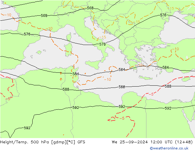 Z500/Rain (+SLP)/Z850 GFS mer 25.09.2024 12 UTC