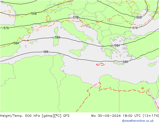 Hoogte/Temp. 500 hPa GFS ma 30.09.2024 18 UTC