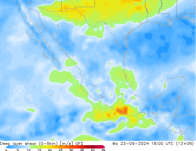 Deep layer shear (0-6km) GFS  23.09.2024 18 UTC