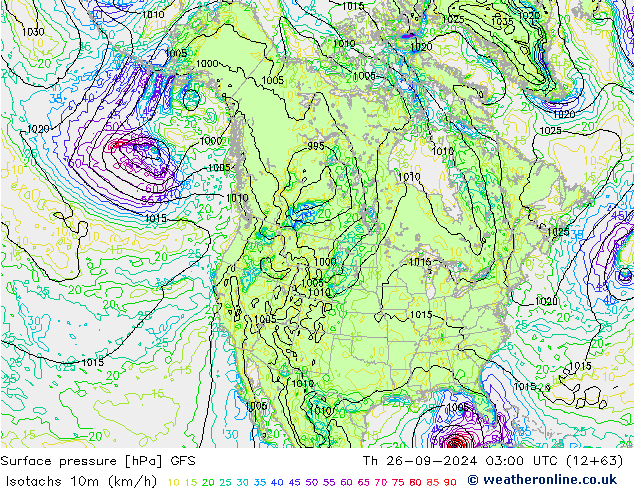 Isotachen (km/h) GFS do 26.09.2024 03 UTC