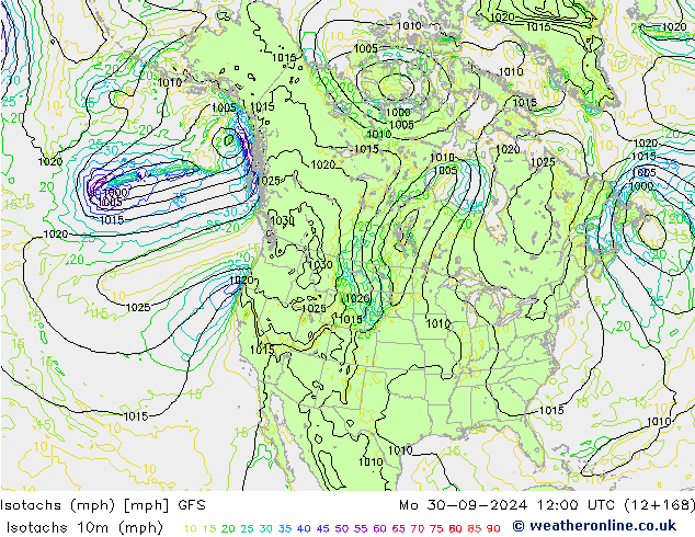 Izotacha (mph) GFS pon. 30.09.2024 12 UTC