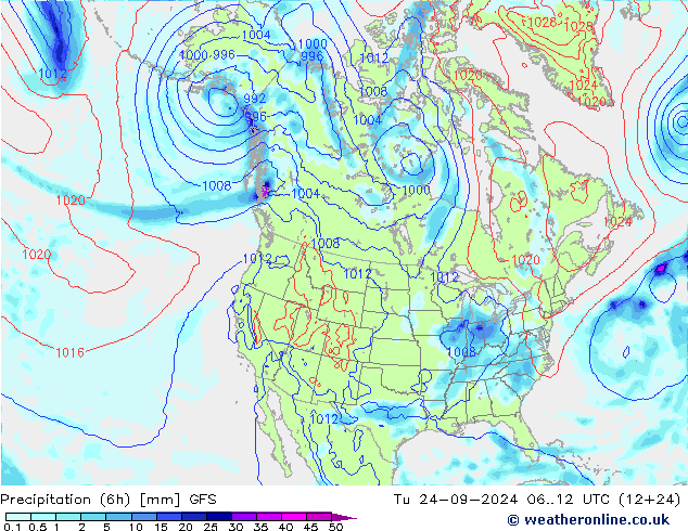 Z500/Rain (+SLP)/Z850 GFS Tu 24.09.2024 12 UTC