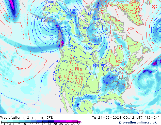 Precipitation (12h) GFS Tu 24.09.2024 12 UTC