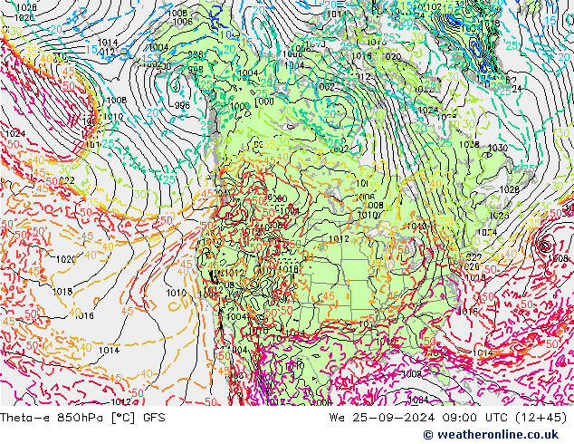 Theta-e 850hPa GFS śro. 25.09.2024 09 UTC