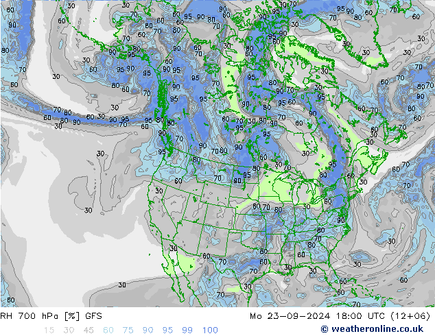 Humidité rel. 700 hPa GFS lun 23.09.2024 18 UTC