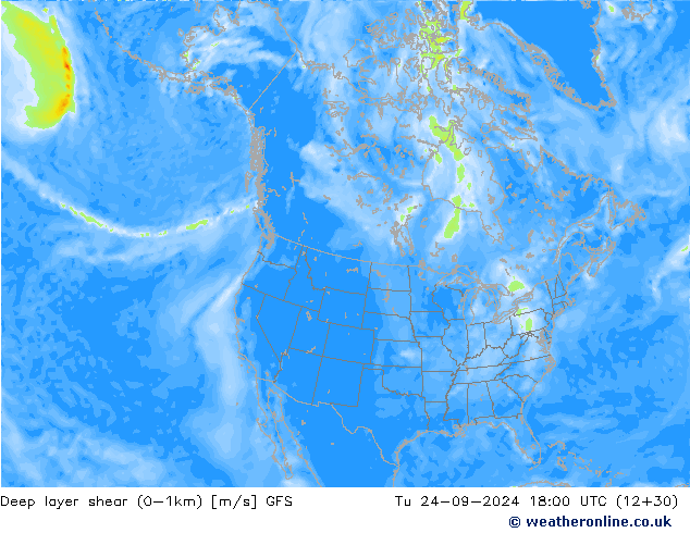 Deep layer shear (0-1km) GFS Tu 24.09.2024 18 UTC