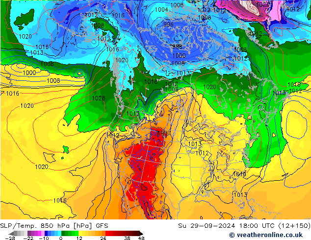 SLP/Temp. 850 hPa GFS dim 29.09.2024 18 UTC