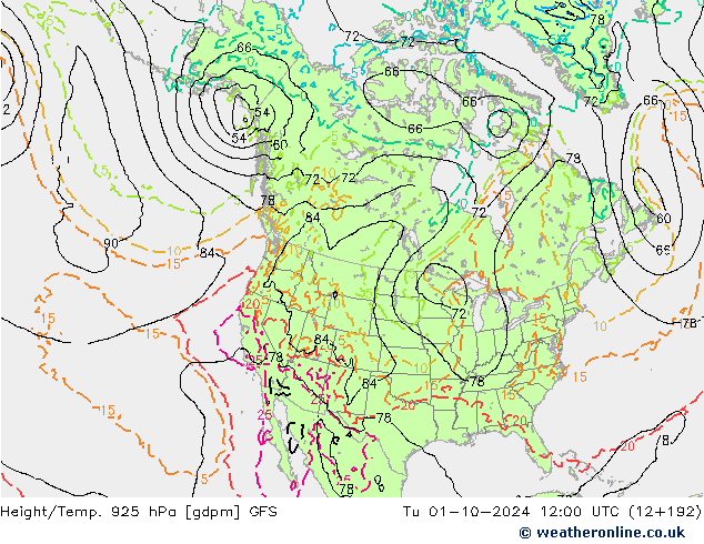 Height/Temp. 925 hPa GFS  01.10.2024 12 UTC