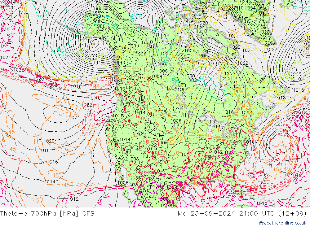 Theta-e 700hPa GFS ma 23.09.2024 21 UTC