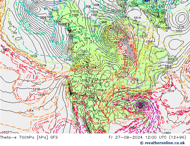 Theta-e 700hPa GFS Pá 27.09.2024 12 UTC