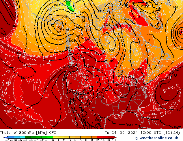 Theta-W 850hPa GFS Út 24.09.2024 12 UTC