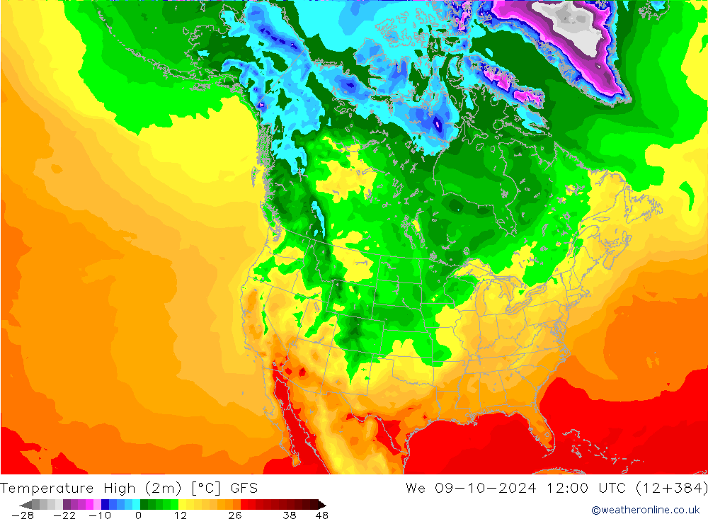 Max. Temperatura (2m) GFS śro. 09.10.2024 12 UTC