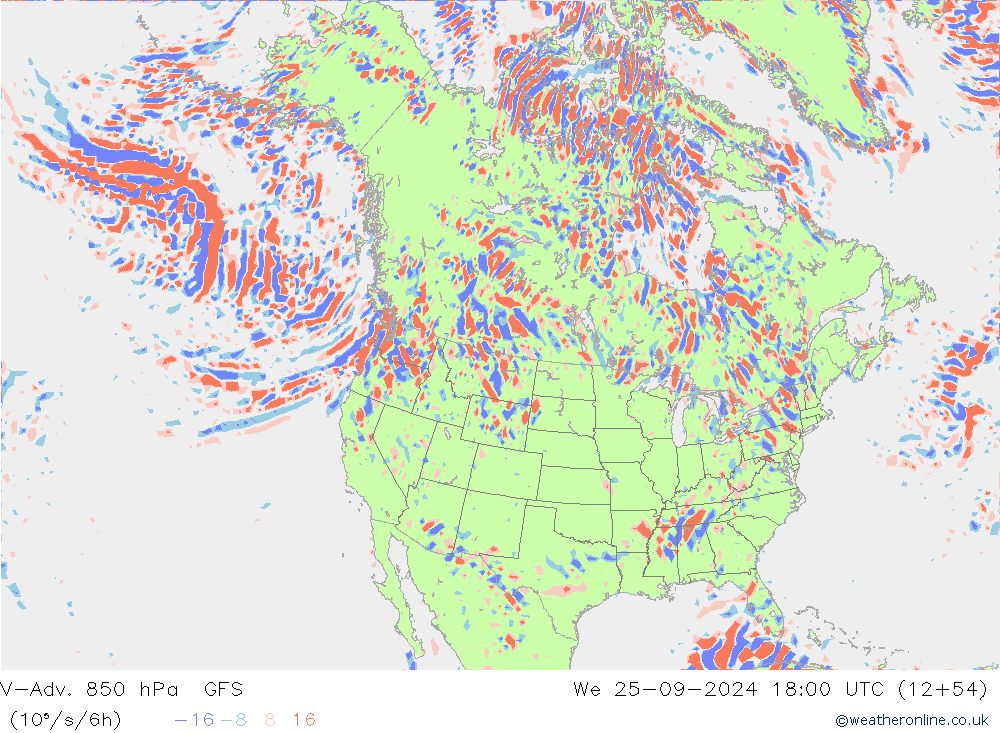 V-Adv. 850 hPa GFS śro. 25.09.2024 18 UTC